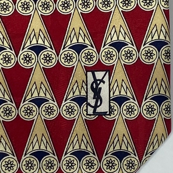 YVES SAINT LAURENT Necktie Mens Silk Red Gold Geometric Designer 57x4 Artsy - Picture 2 of 6